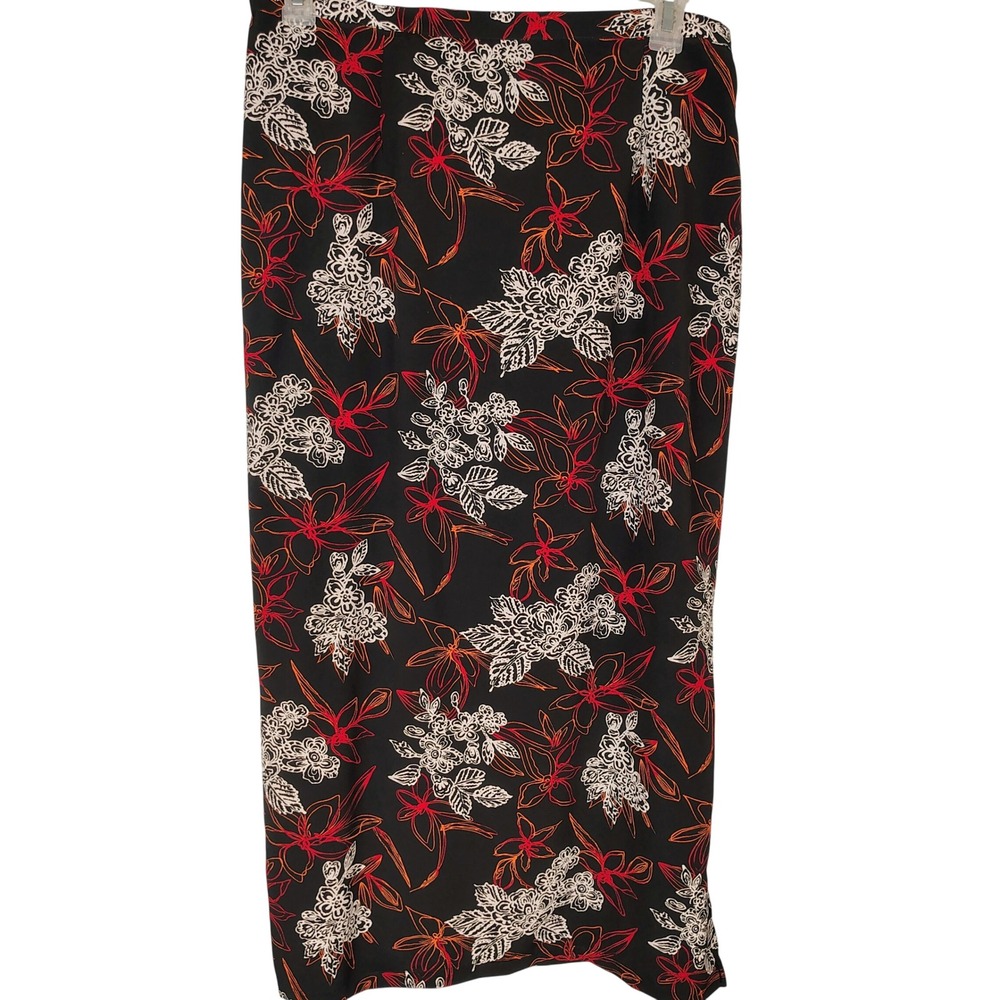 Notations Clothing Co Womens Black Red Floral Midi Skirt Side Slit Large